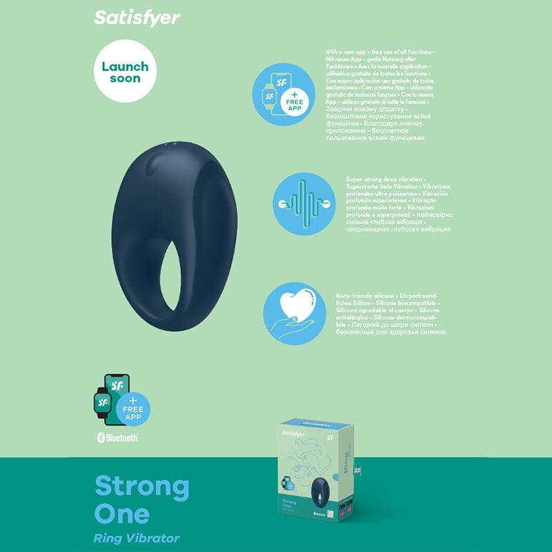 Satisfyer - strong one - vibrating cock ring - Product side view, with specifications  | Flirtybay